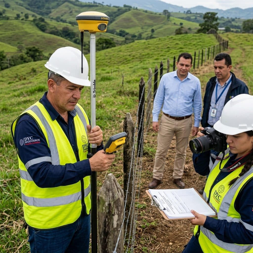 Topógrafo midiendo linderos con GNSS RTK en predio rural en Colombia